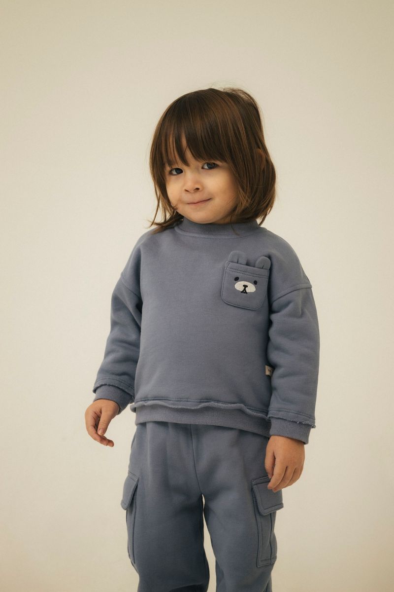 Blara Organic House Bear Embroidered Raw Hem Sweatshirt – Blue