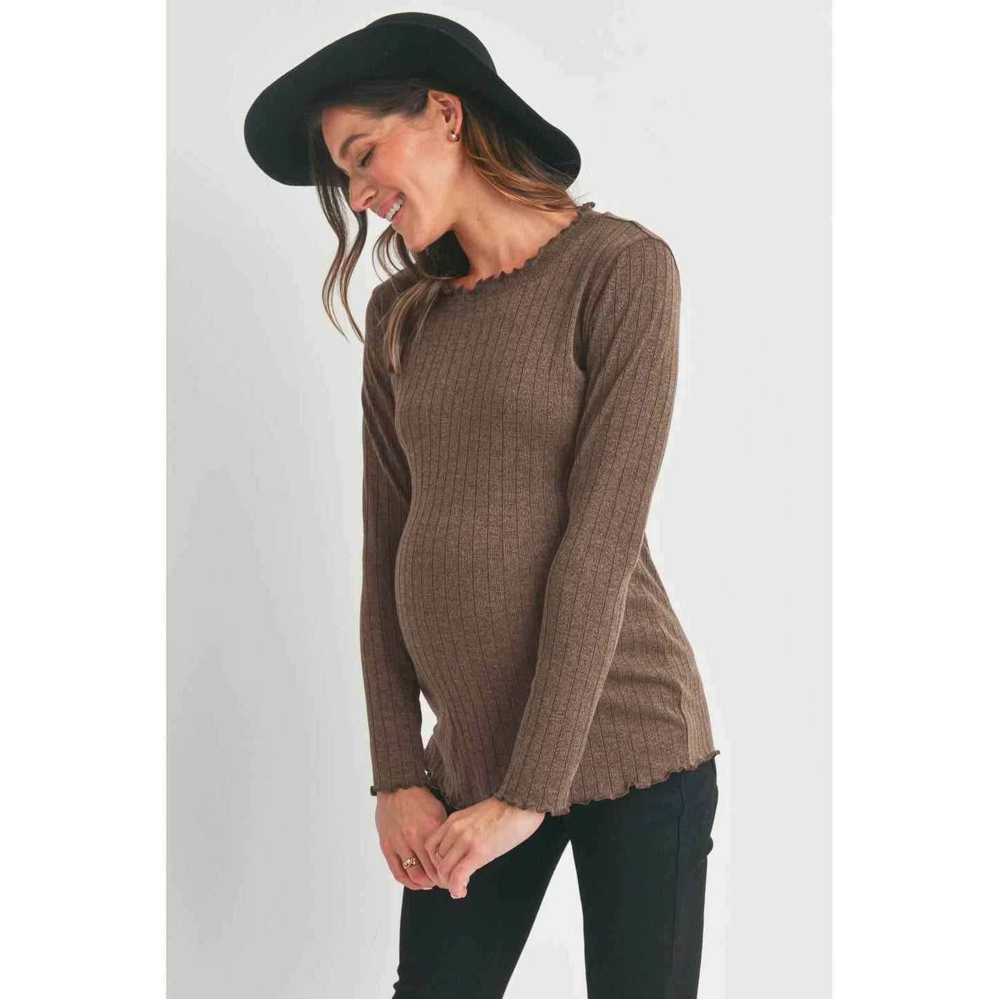 Hello Miz : Ribbed Lettuce Edge Long Sleeve Maternity Top: Brown