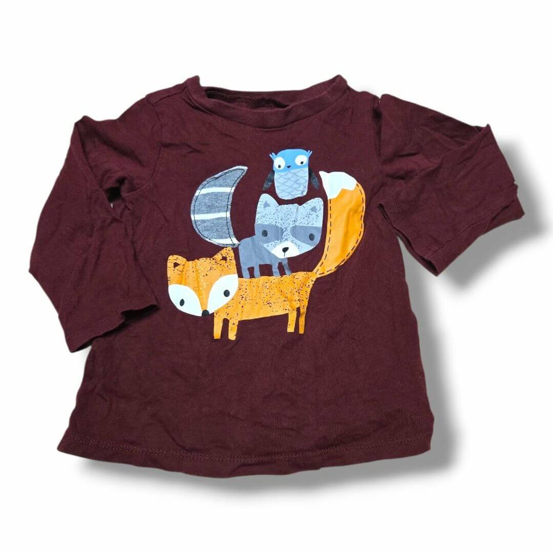 Pre-loved children's clothing: 24M maroon top with colorful animal graphic design for kids.