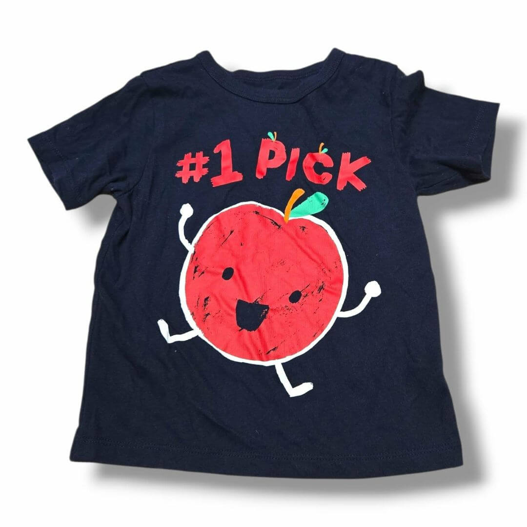Pre-loved children's t-shirt featuring a cheerful apple graphic with #1 Pick slogan.