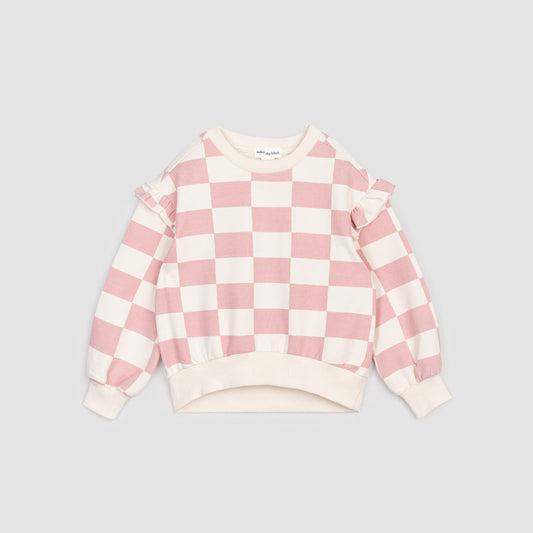 Miles The Label | Rose Checkerboard Print on Girls' Sweatshirt - Pink & Blue Kidz Clothing