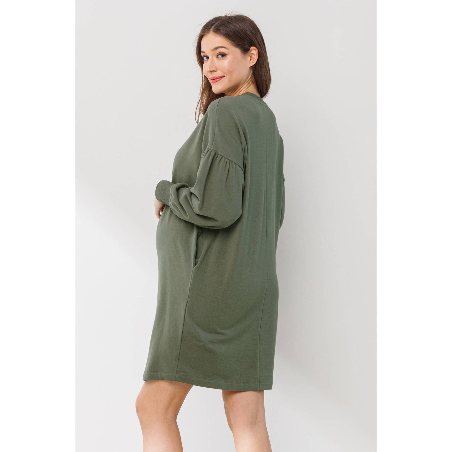 Crew Neck Maternity Sweater Dress with Pockets: Olive