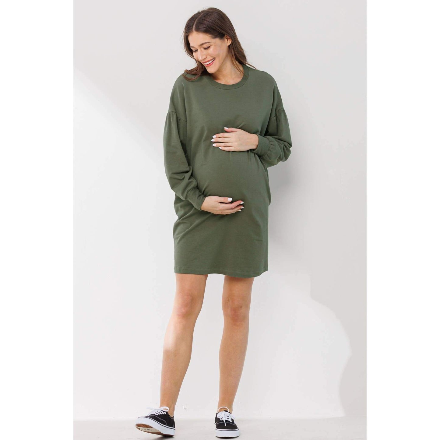 Crew Neck Maternity Sweater Dress with Pockets: Olive