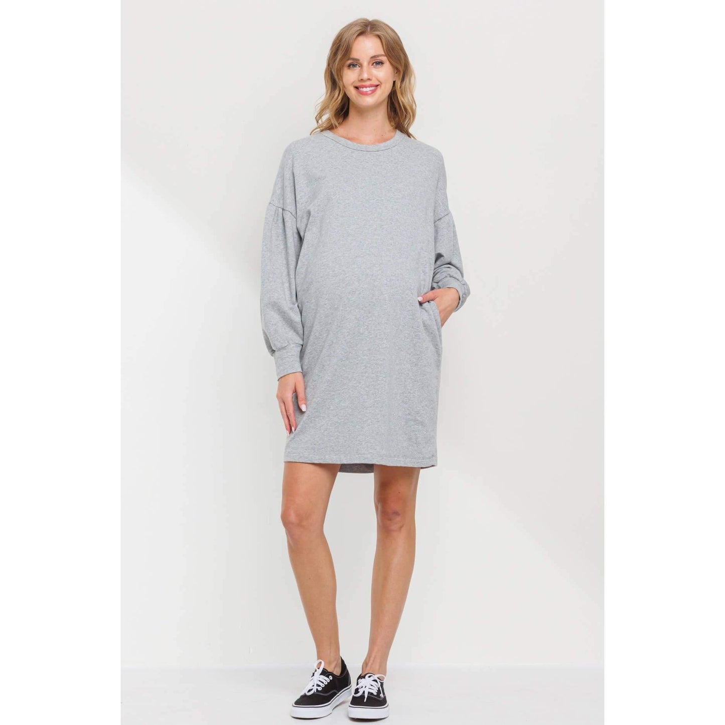 Crew Neck Maternity Sweater Dress with Pockets: Olive
