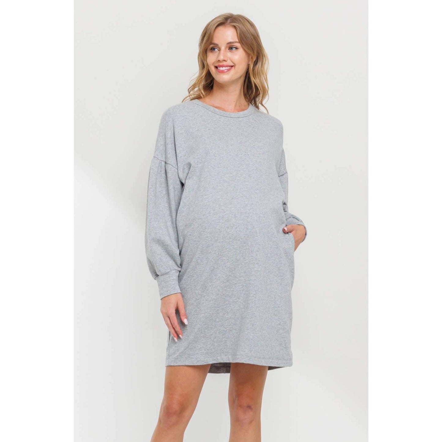 Crew Neck Maternity Sweater Dress with Pockets: Olive