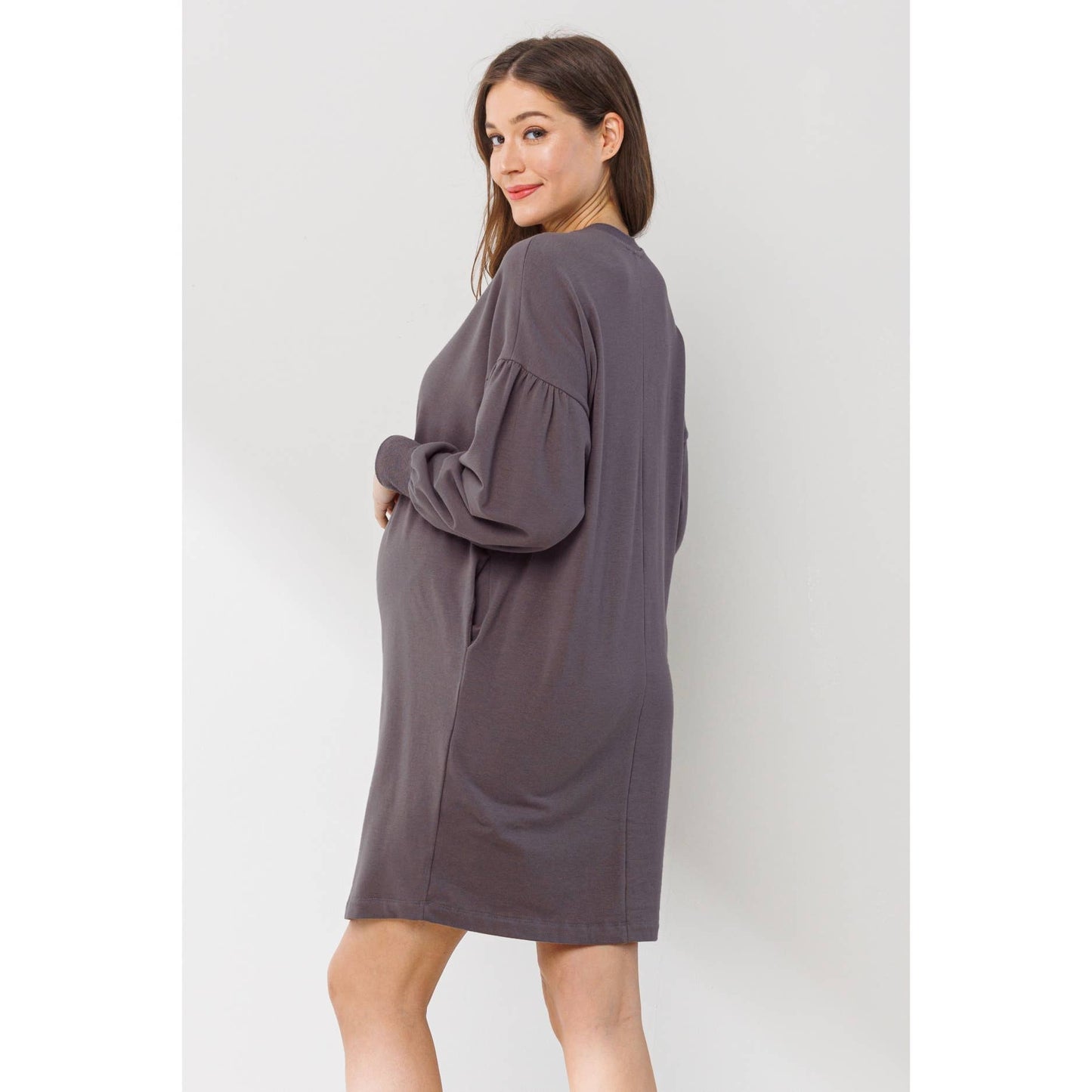 Crew Neck Maternity Sweater Dress with Pockets: Olive