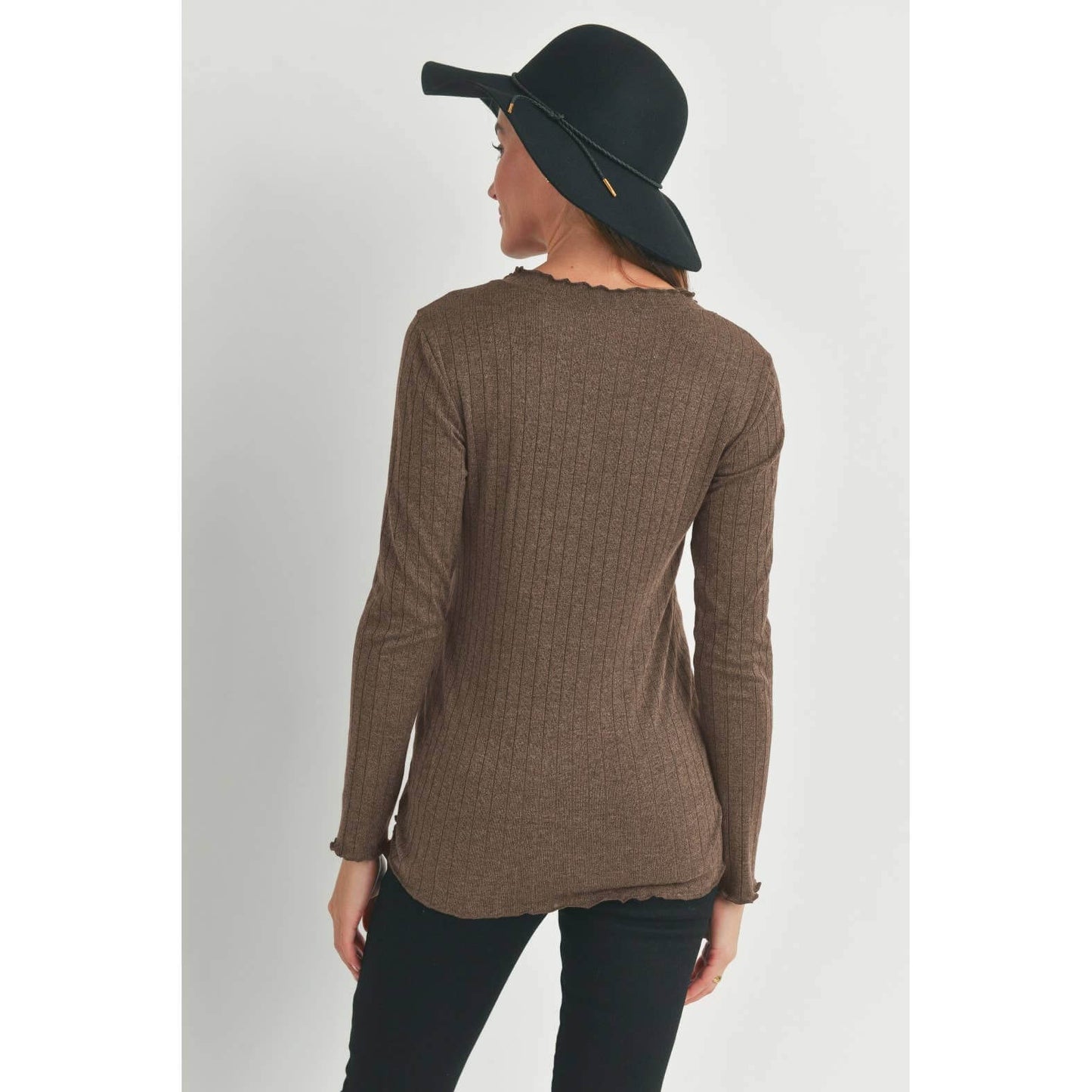 Hello Miz : Ribbed Lettuce Edge Long Sleeve Maternity Top: Brown