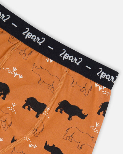 Deux Par Deux | Organic Cotton Boxer Short Caramel Printed Rhinoceros - Pink & Blue Kidz Clothing