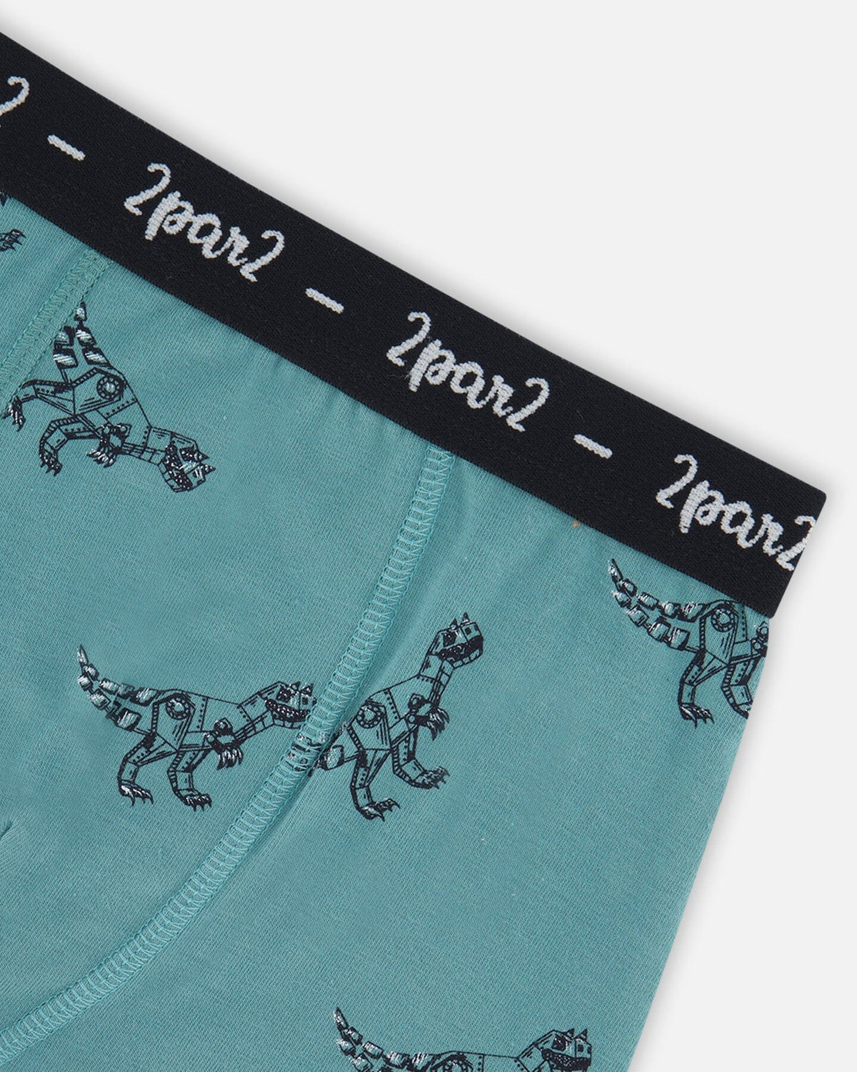 Deux Par Deux | Organic Cotton Boxer Short Teal With Mechanical Dinosaurs Print - Pink & Blue Kidz Clothing
