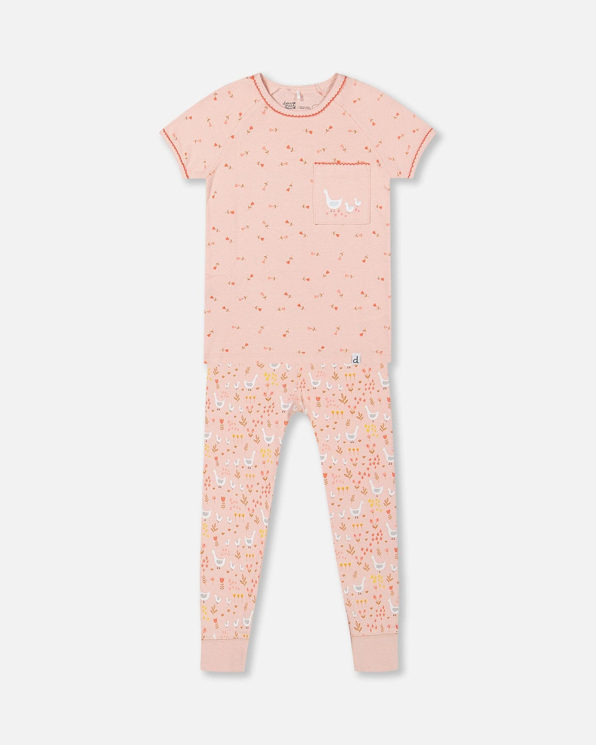Deux Par Deux | Organic Cotton Two Piece Pajama Set Pink Printed Goose - Pink & Blue Kidz Clothing
