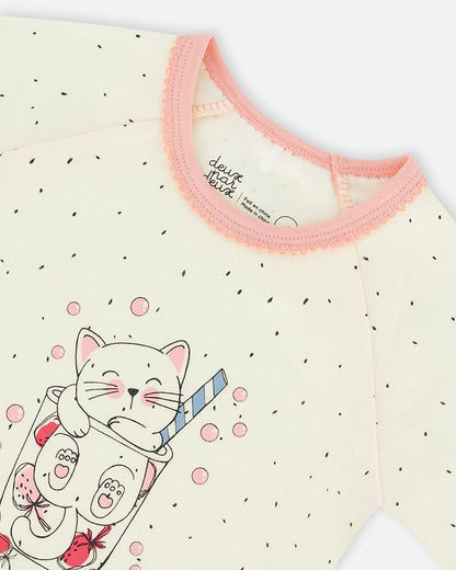 Deux Par Deux | Organic Cotton Two Piece Pajama Set Off White Printed Strawberry - Pink & Blue Kidz Clothing