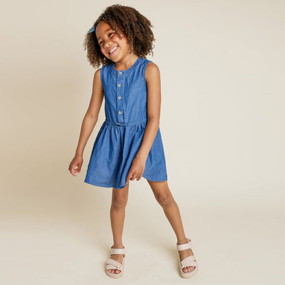 Miles The Label | Chambray Sleeveless Front-Button Dress - Pink & Blue Kidz Clothing