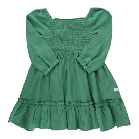 RuffleButts | Woven Luxe Smoked Ruffle Dress | Spruce - Pink & Blue Kidz Clothing