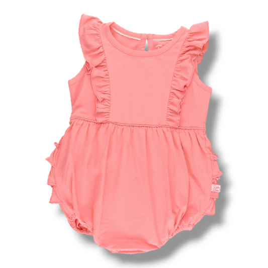 Coming Soon | RuffleButts | Bubblegum Pink Knit Sleeveless Waterfall Romper - Pink & Blue Kidz Clothing