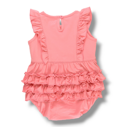 Coming Soon | RuffleButts | Bubblegum Pink Knit Sleeveless Waterfall Romper - Pink & Blue Kidz Clothing