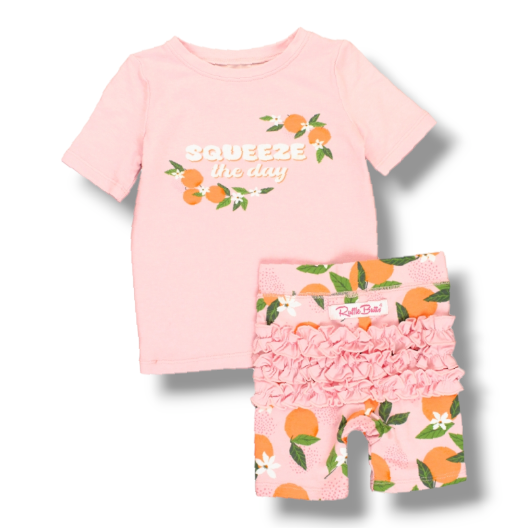 Coming Soon | RuffleButts | Squeeze the Day Girls Shorts Pajama Set - Pink & Blue Kidz Clothing