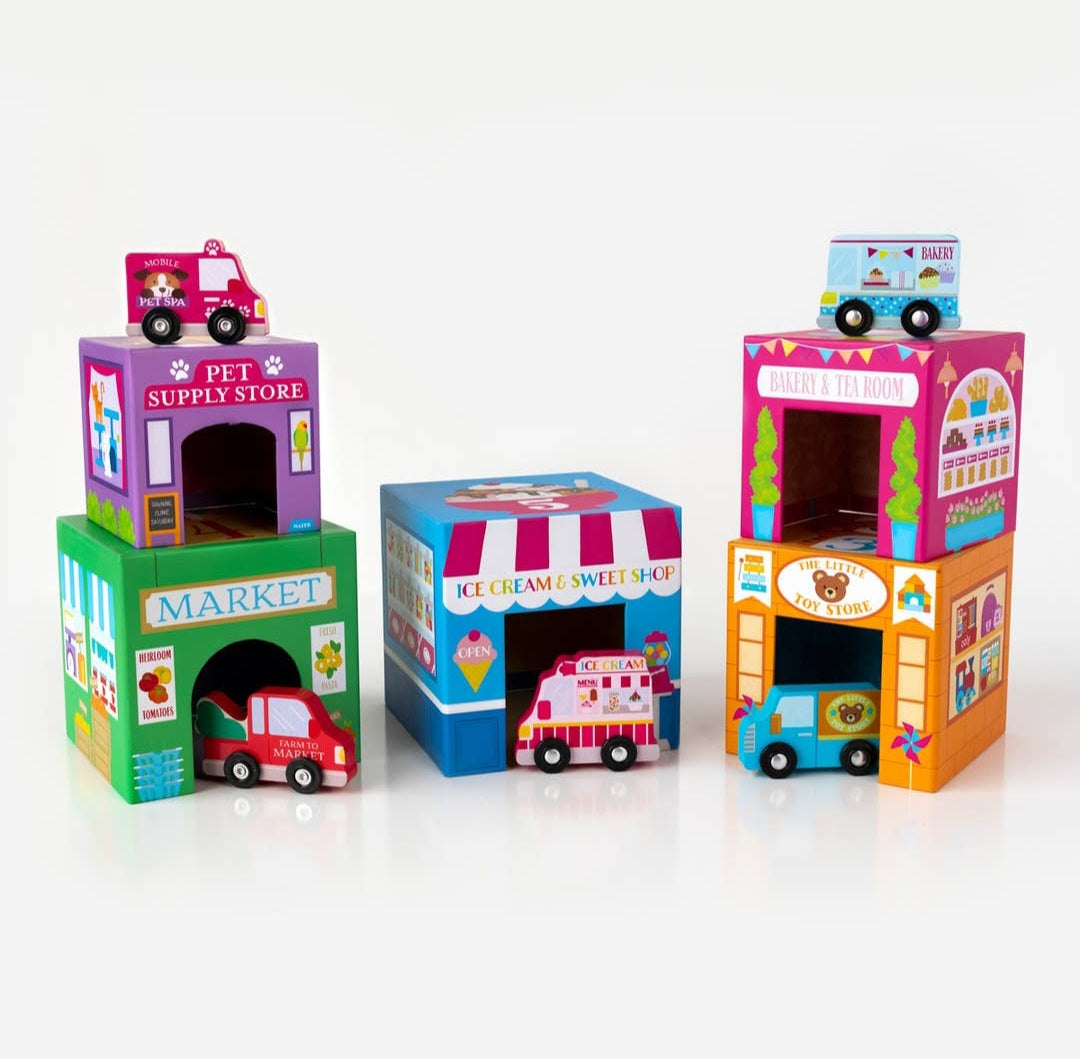 OOLY - Stackables Nested Cardboard Toys & Cars Set : Rainbow Town - Pink & Blue Kidz Clothing