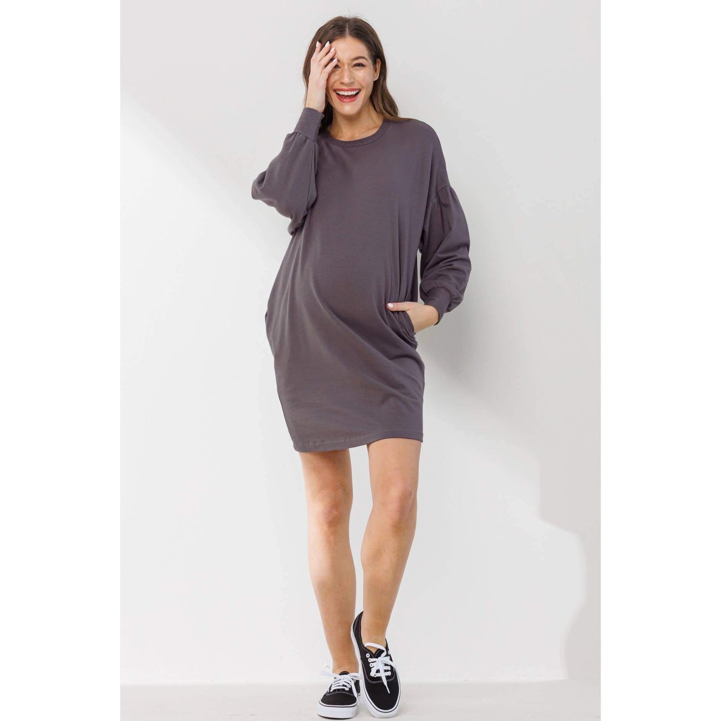 Crew Neck Maternity Sweater Dress with Pockets: Olive