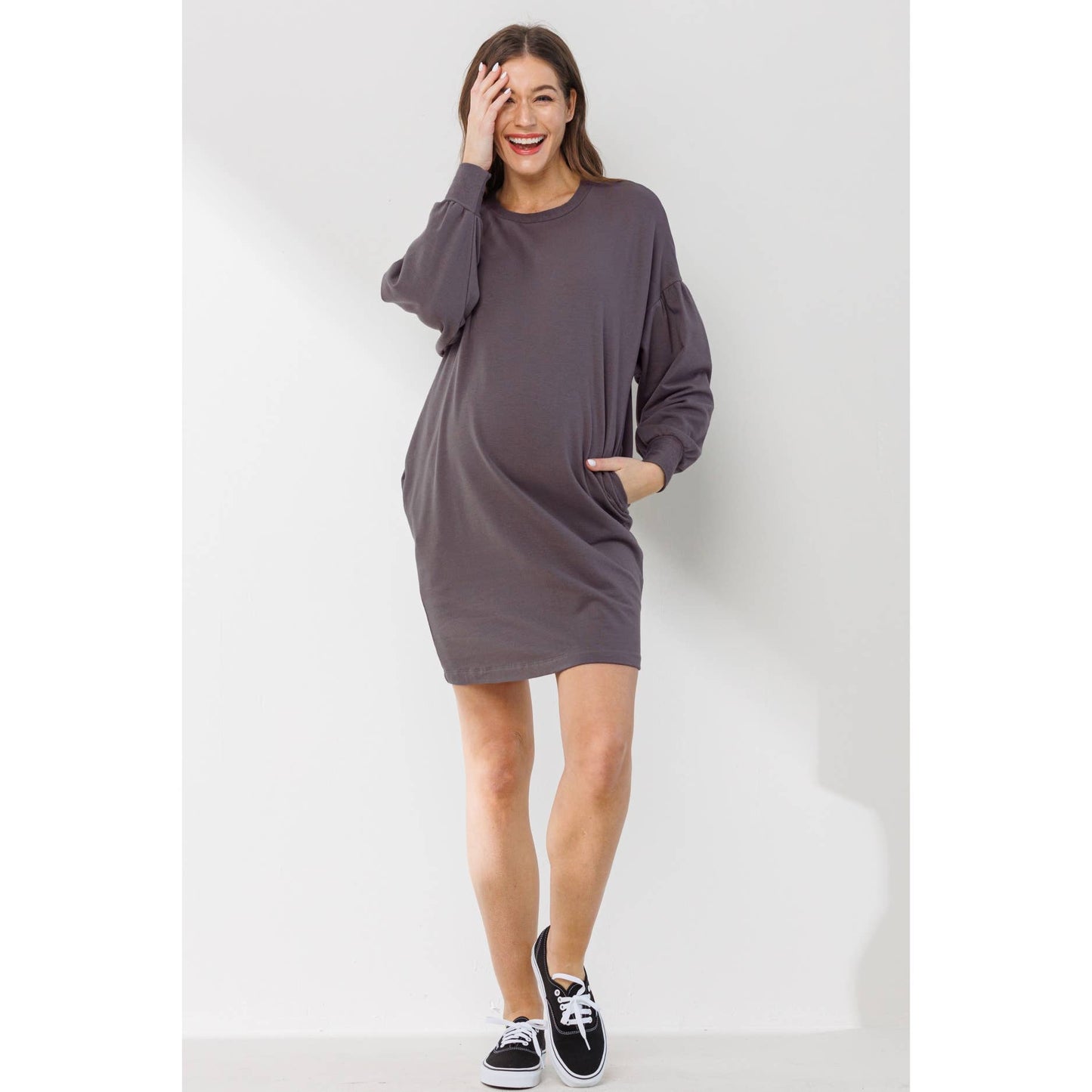 Crew Neck Maternity Sweater Dress with Pockets: Olive - Pink & Blue Kidz Clothing