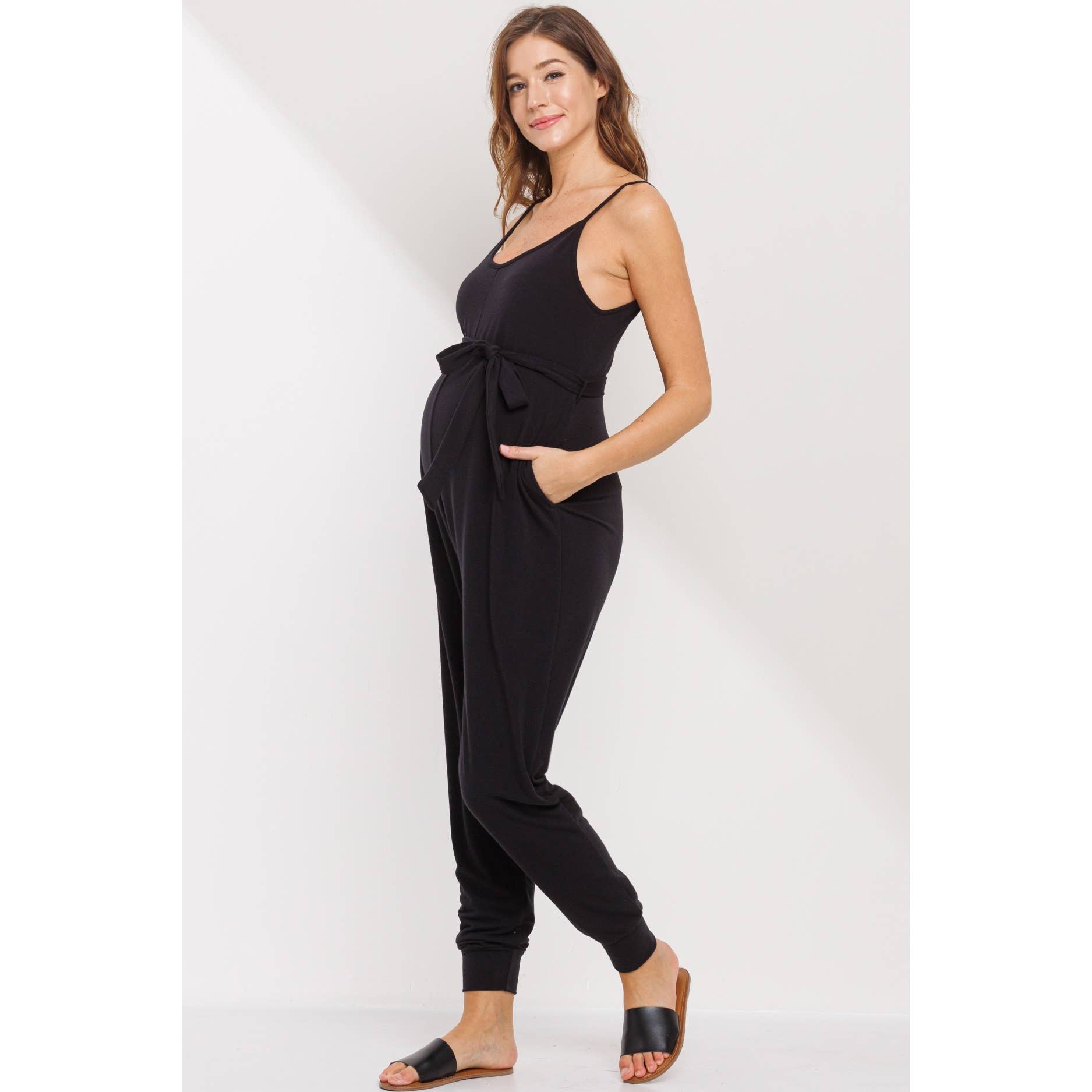 Coming Soon | Hello Miz - Solid Belted Maternity Cami Jogger Jumpsuit - Pink & Blue Kidz Clothing