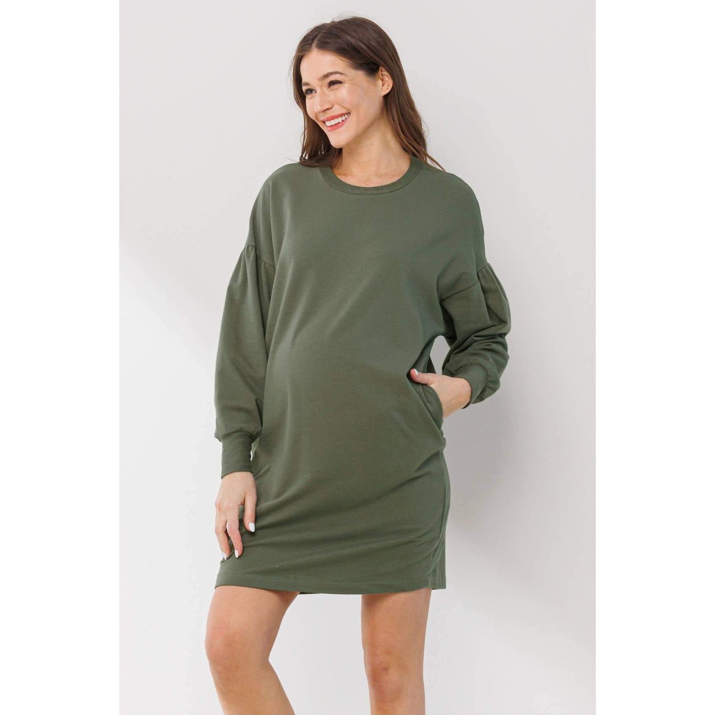 Crew Neck Maternity Sweater Dress with Pockets: Olive