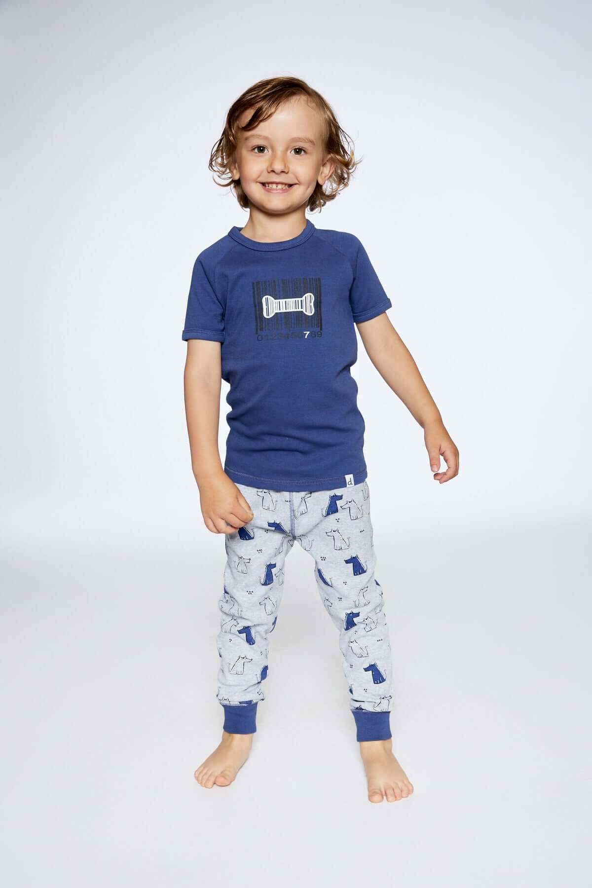 Deux Par Deux | Organic Cotton Two Piece Pajama Set Grey Mix Printed Dogs - Pink & Blue Kidz Clothing