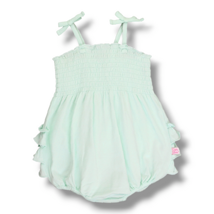 Coming Soon | RuffleButts | Mint Smocked Tie Knit Bubble Romper - Pink & Blue Kidz Clothing