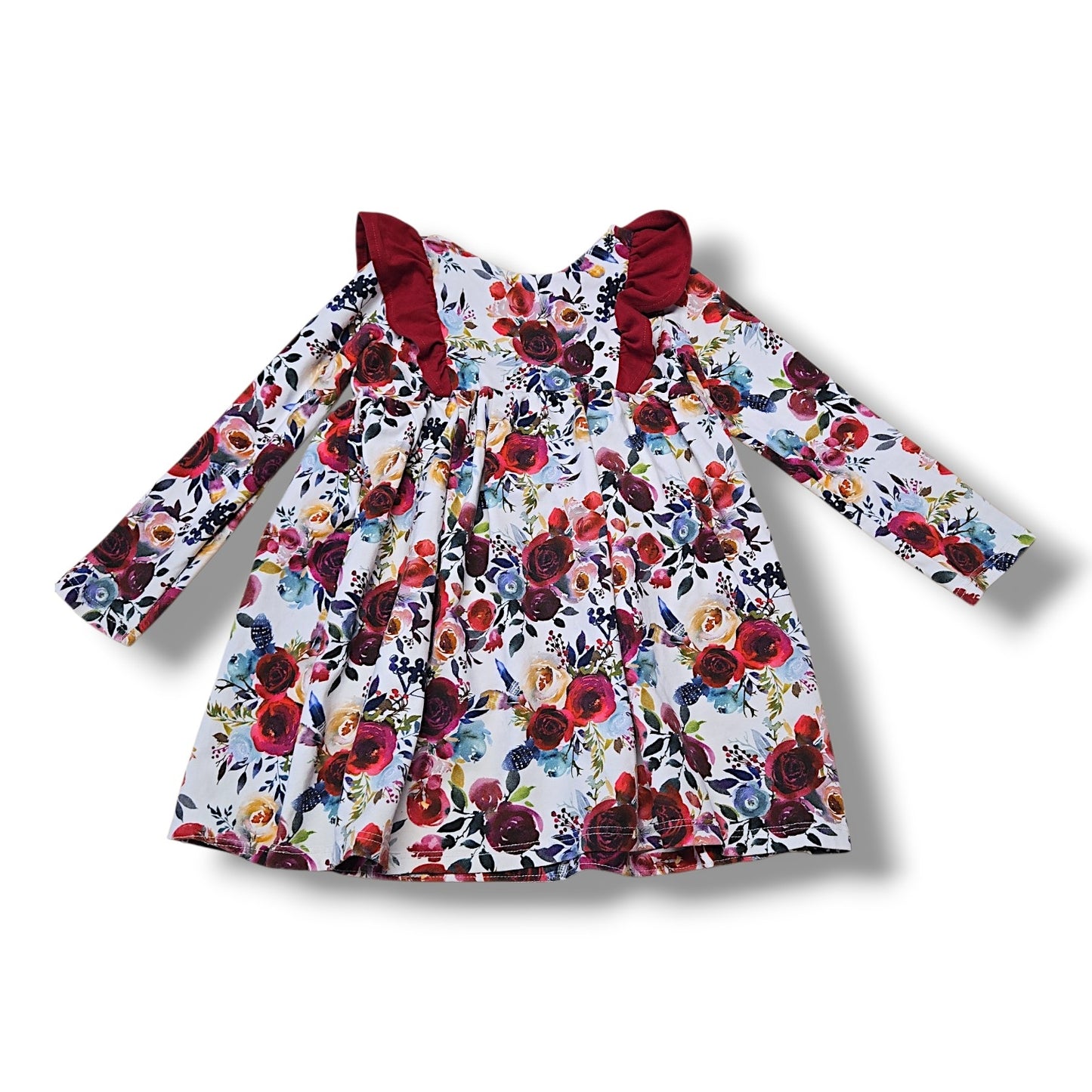 Pre-loved 4T baby dress with colorful floral pattern and burgundy ruffles, perfect for little ones.