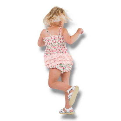 Coming Soon | RuffleButts | English Roses Smocked Tie Knit Bubble Romper - Pink & Blue Kidz Clothing
