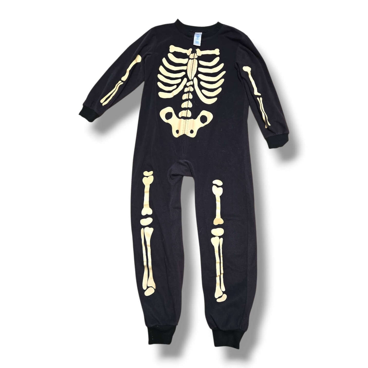 Children's Place 7/8Y black children's skeleton romper with skeleton print and front zipper.