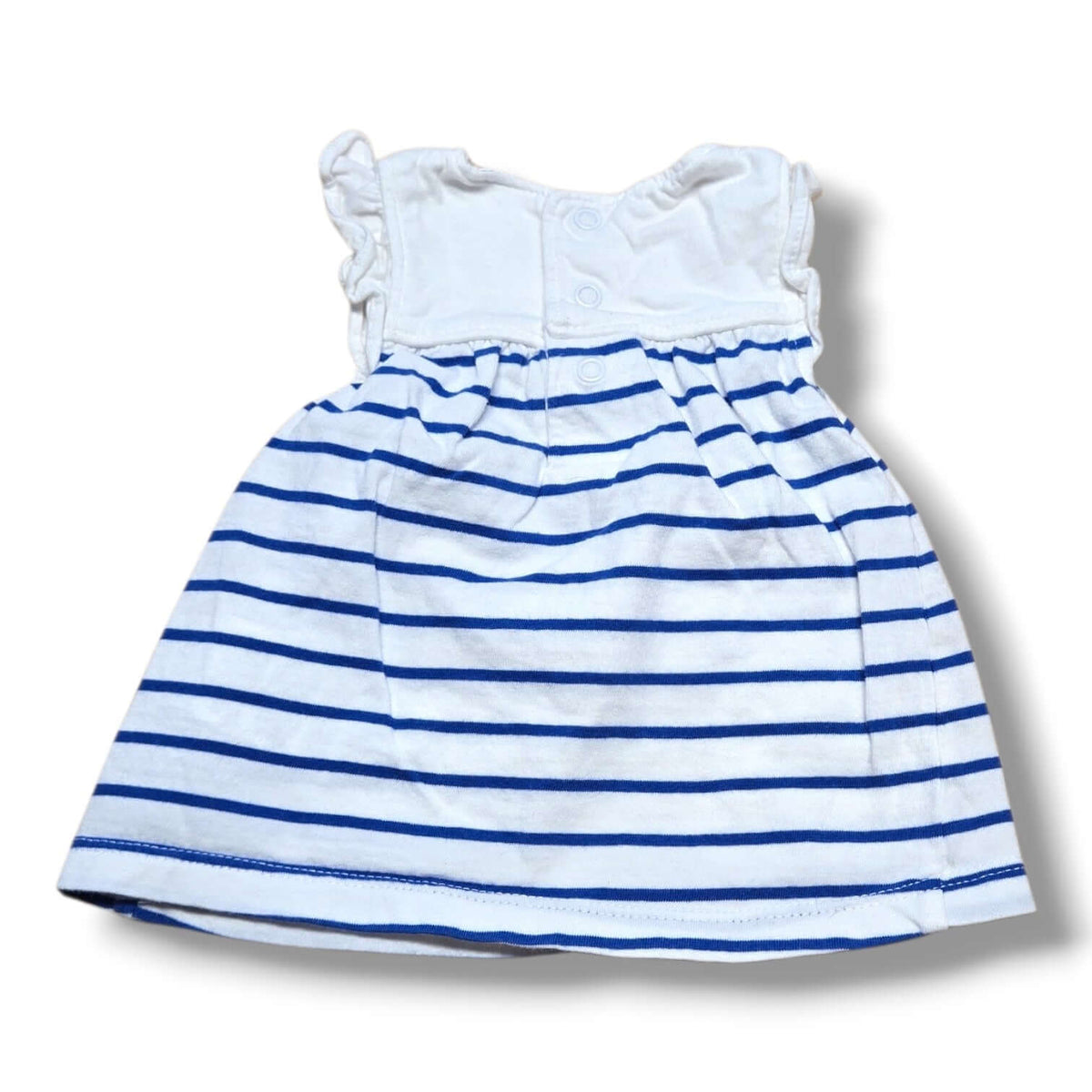 Carter's pre-loved newborn dress featuring navy and white stripes with flutter sleeves and pockets.