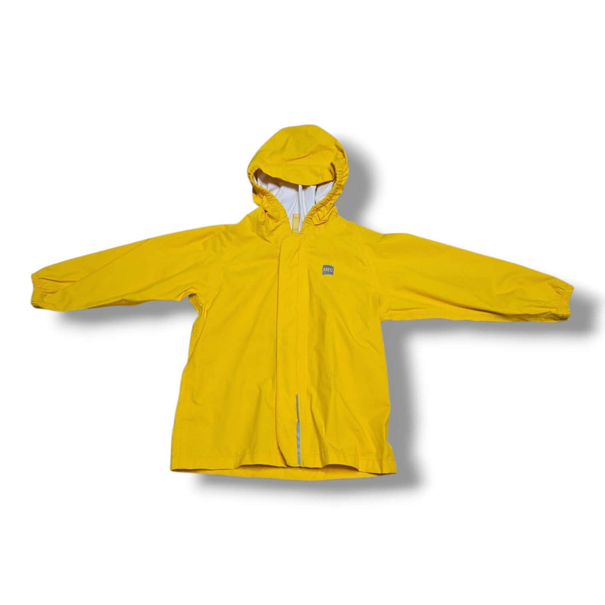 MEC 24M pre-loved rain shell jacket in bright yellow color with hood and extending sleeves.