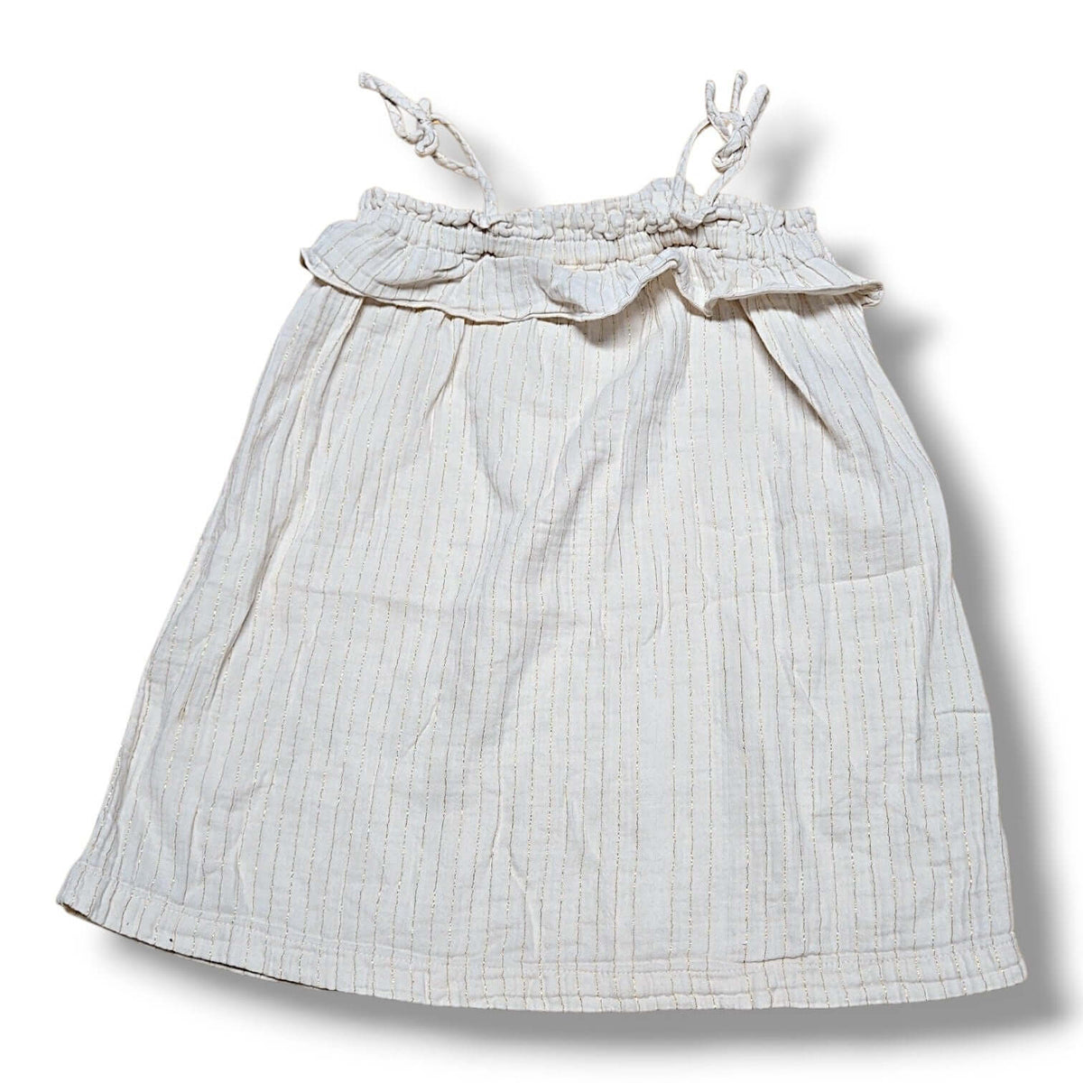 The New Society pre-loved quality dress with adjustable straps and ruffled neckline, showing signs of previous wear.