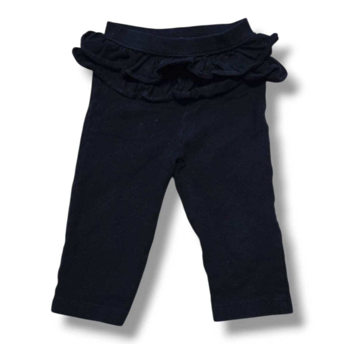 Pre-loved baby leggings 3-6 months in soft black with ruffle waist detail, perfect for everyday outfits.