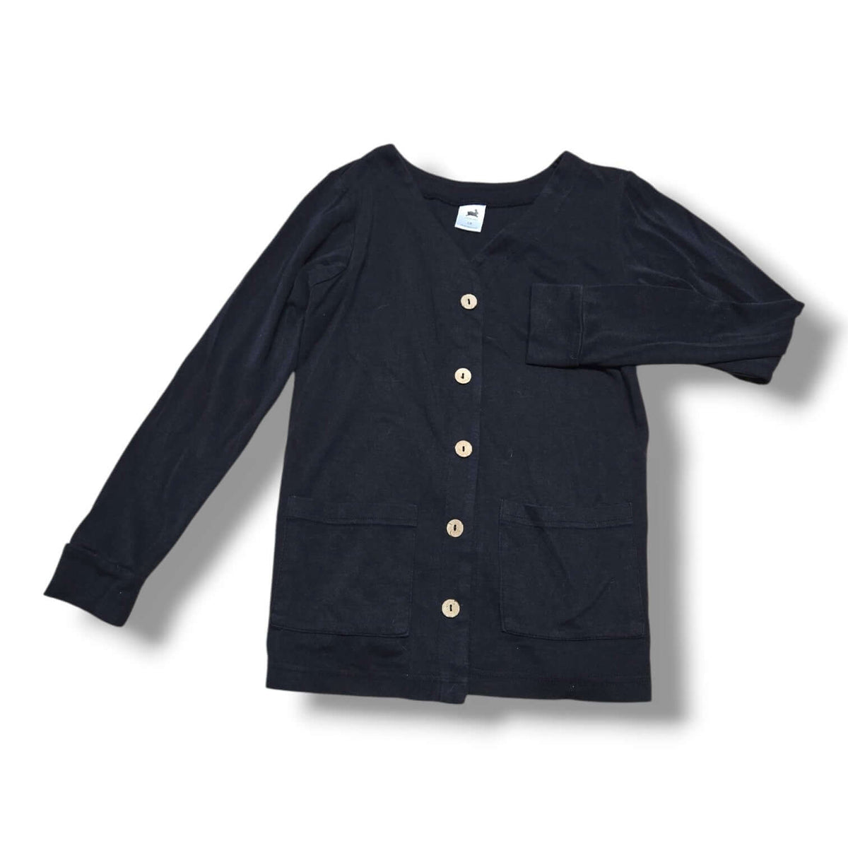 pre-loved black cardigan 7/8Y featuring button front and two patch pockets