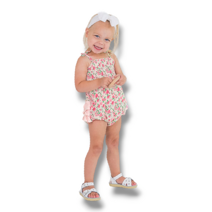 Coming Soon | RuffleButts | English Roses Smocked Tie Knit Bubble Romper - Pink & Blue Kidz Clothing