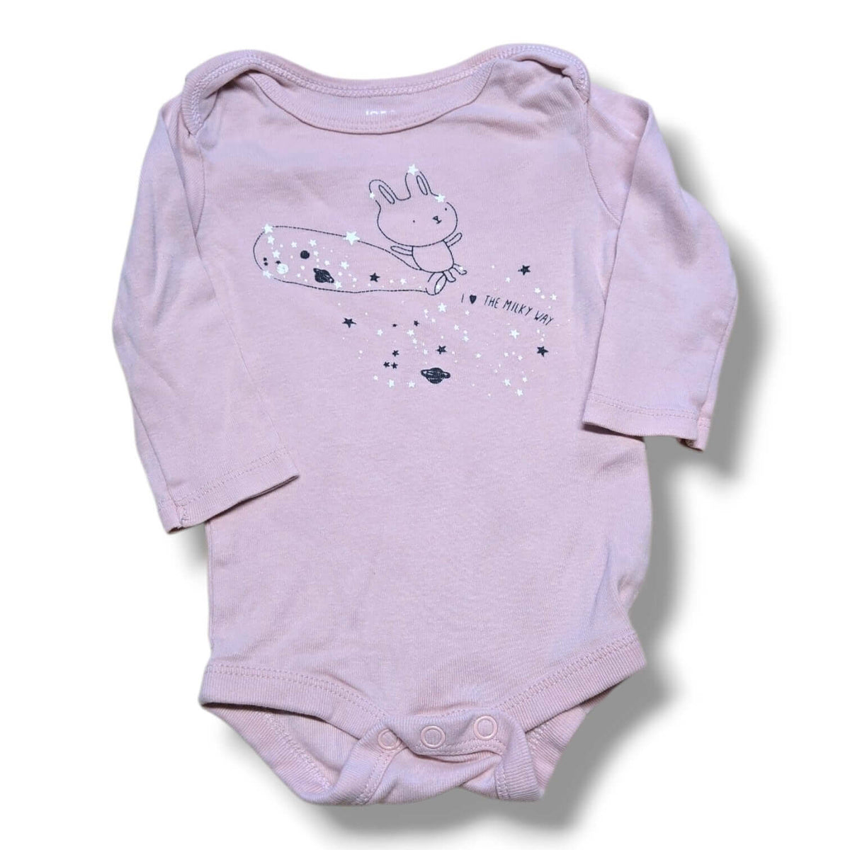 Pre-loved baby onesie featuring a cute bunny design and stars, perfect for everyday wear and comfort.