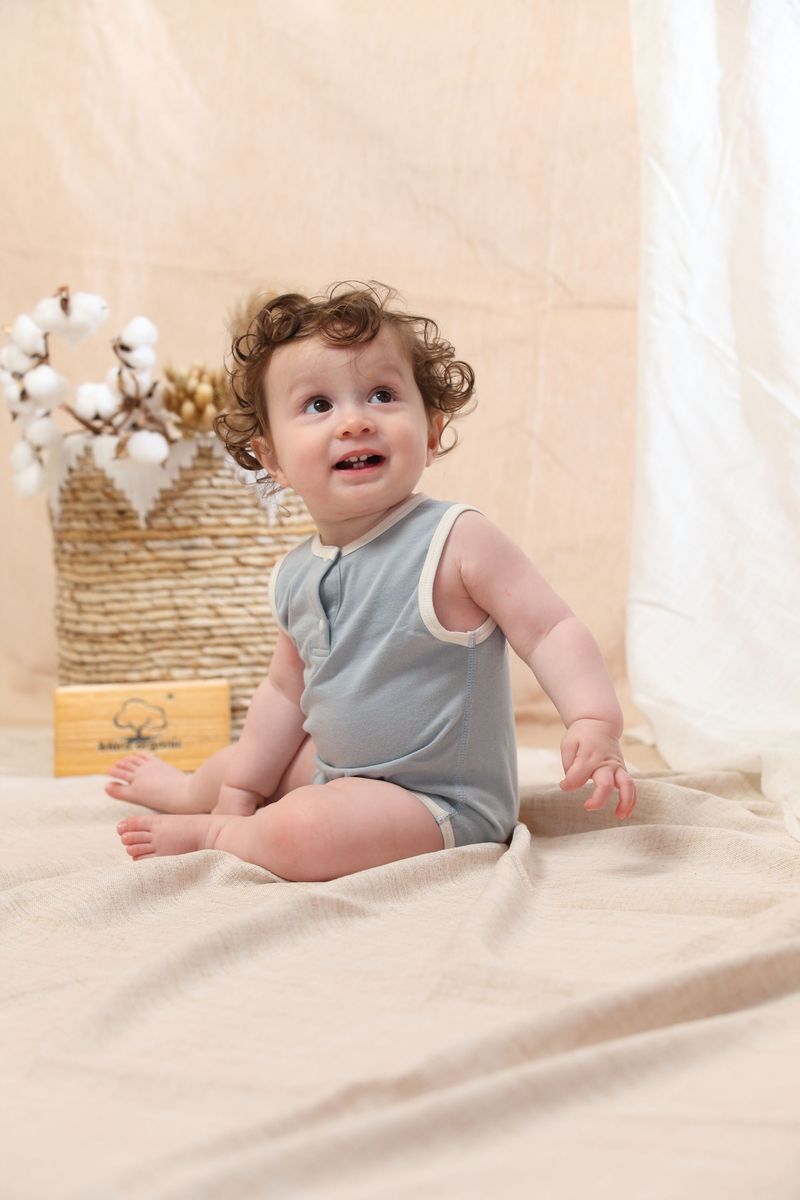 Coming Soon | Blara Organic House | Sleeveless Henley Bodysuit | Mist Blue