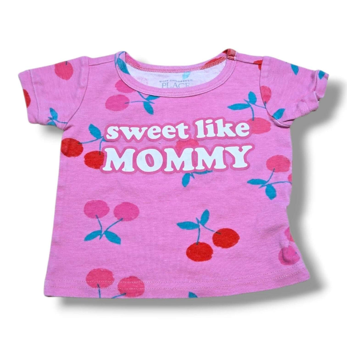 3-6 month cherry print t-shirt featuring 'Sweet Like Mommy' on a pink background.