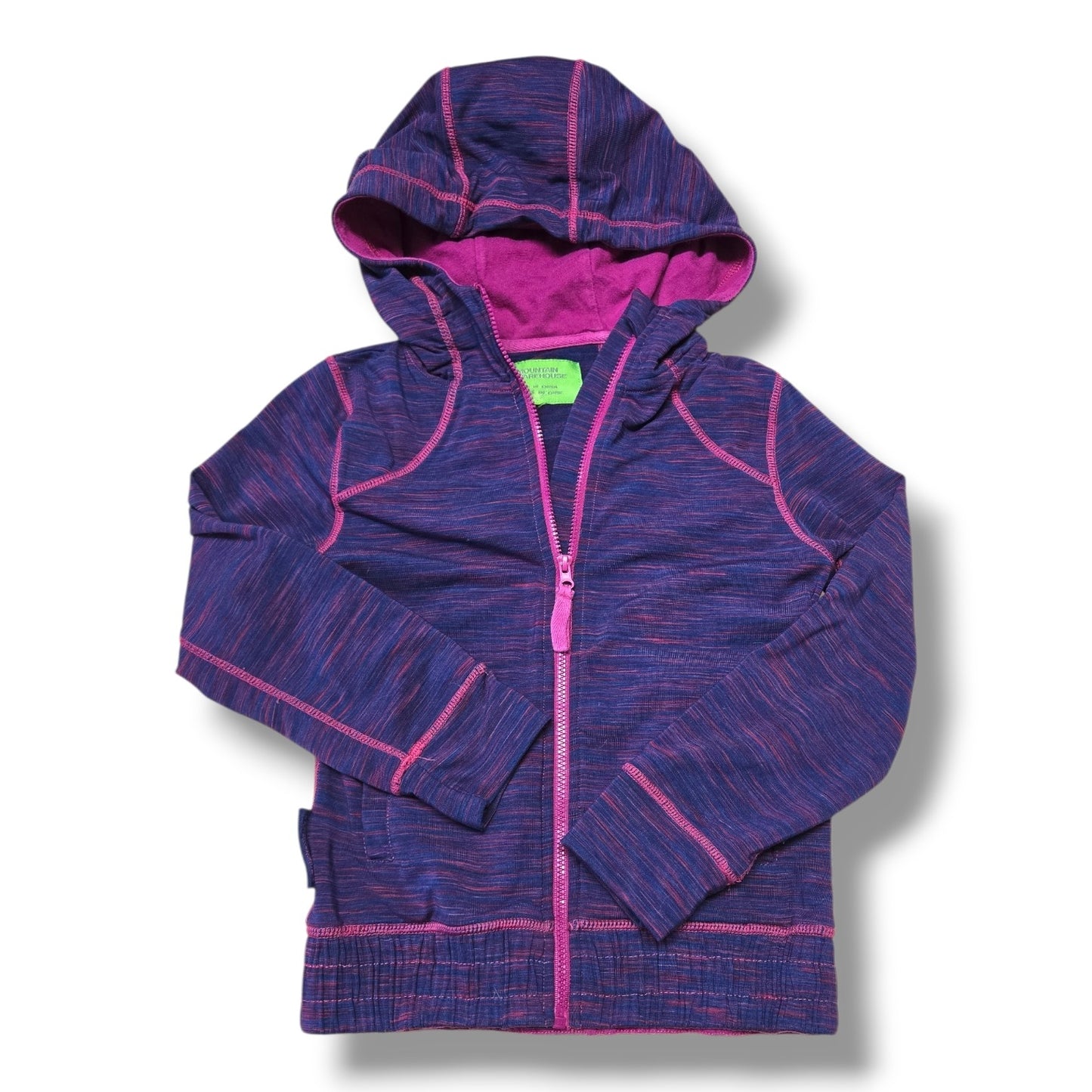 Pre-loved zip-up jacket in purple with pink accents, featuring a hood and zip closure, ideal for kids.