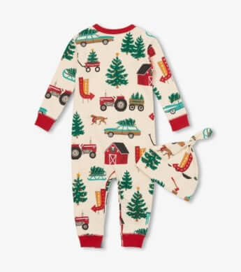 Little Blue House by Hatley Christmas Tree Farm Baby Coverall & Hat – New Condition