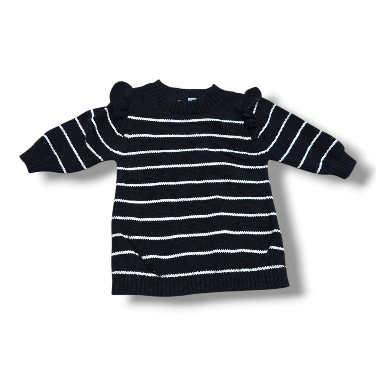 pre-loved knit sweater dress 0-3 months in black and white stripes with ruffle shoulder details.