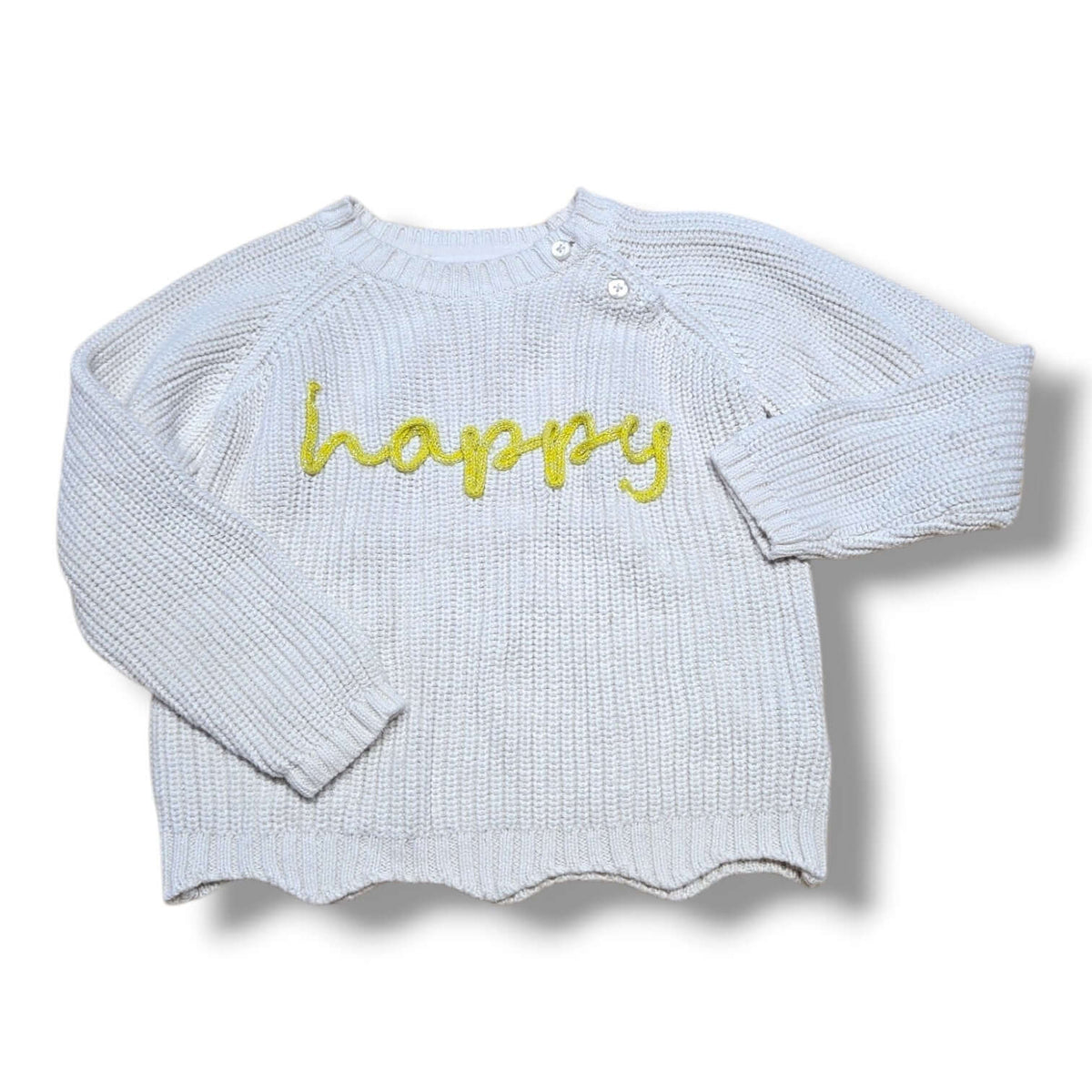 Soft light grey pre-loved knit sweater with "happy" embroidered and button detail for easy dressing.