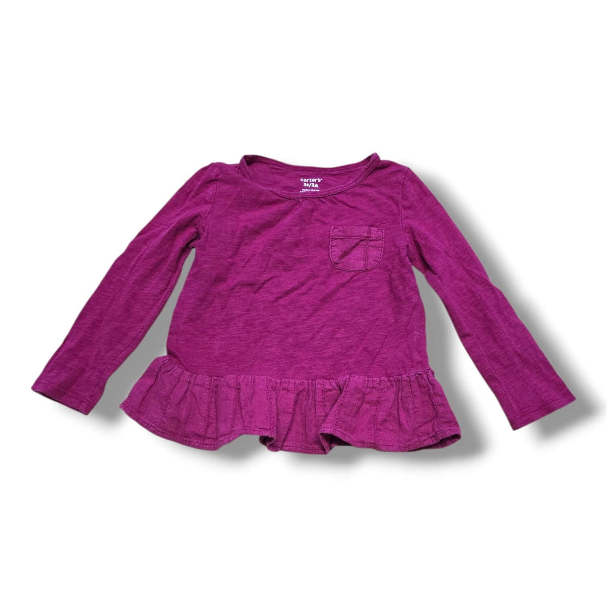 pre-loved Carter's peplum top in berry purple with chest pocket and ruffled hem