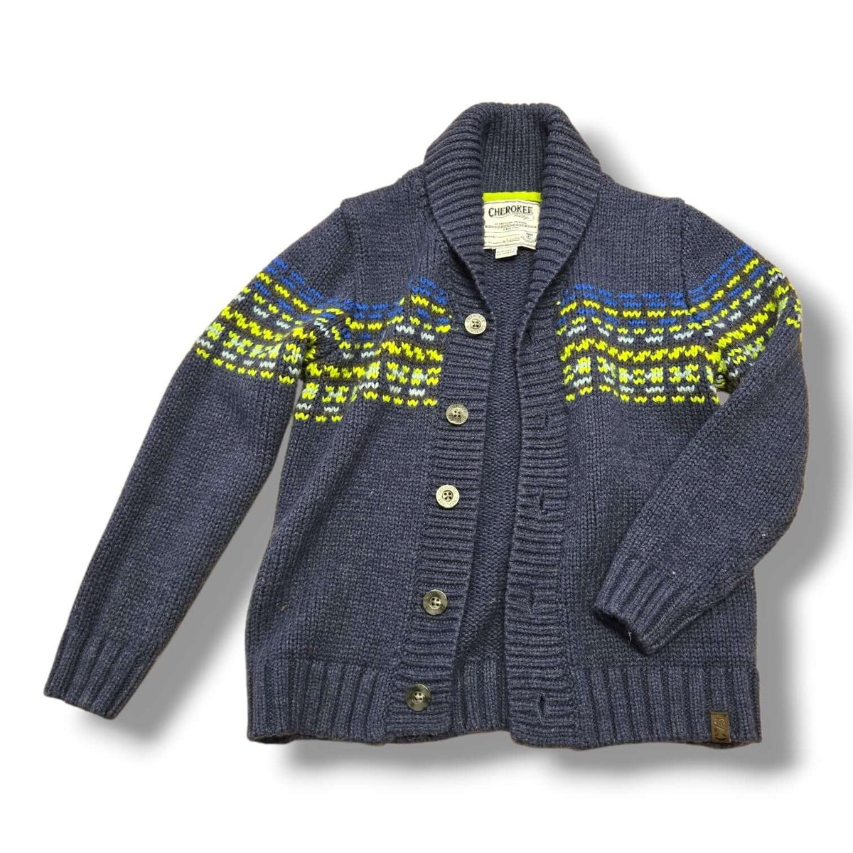 pre-loved Cherokee cardigan 6/7Y in navy with blue and lime accents, featuring a cozy shawl collar and button front.