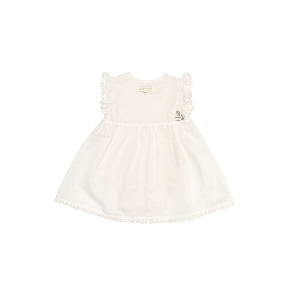 Blara Organic House organic linen baby doll bodysuit, white linen with ruffle sleeves and bunny embroidery.
