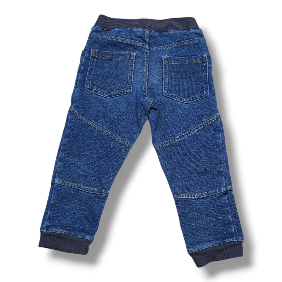 Back view of 2T soft denim joggers with elastic waistband and ribbed cuffs