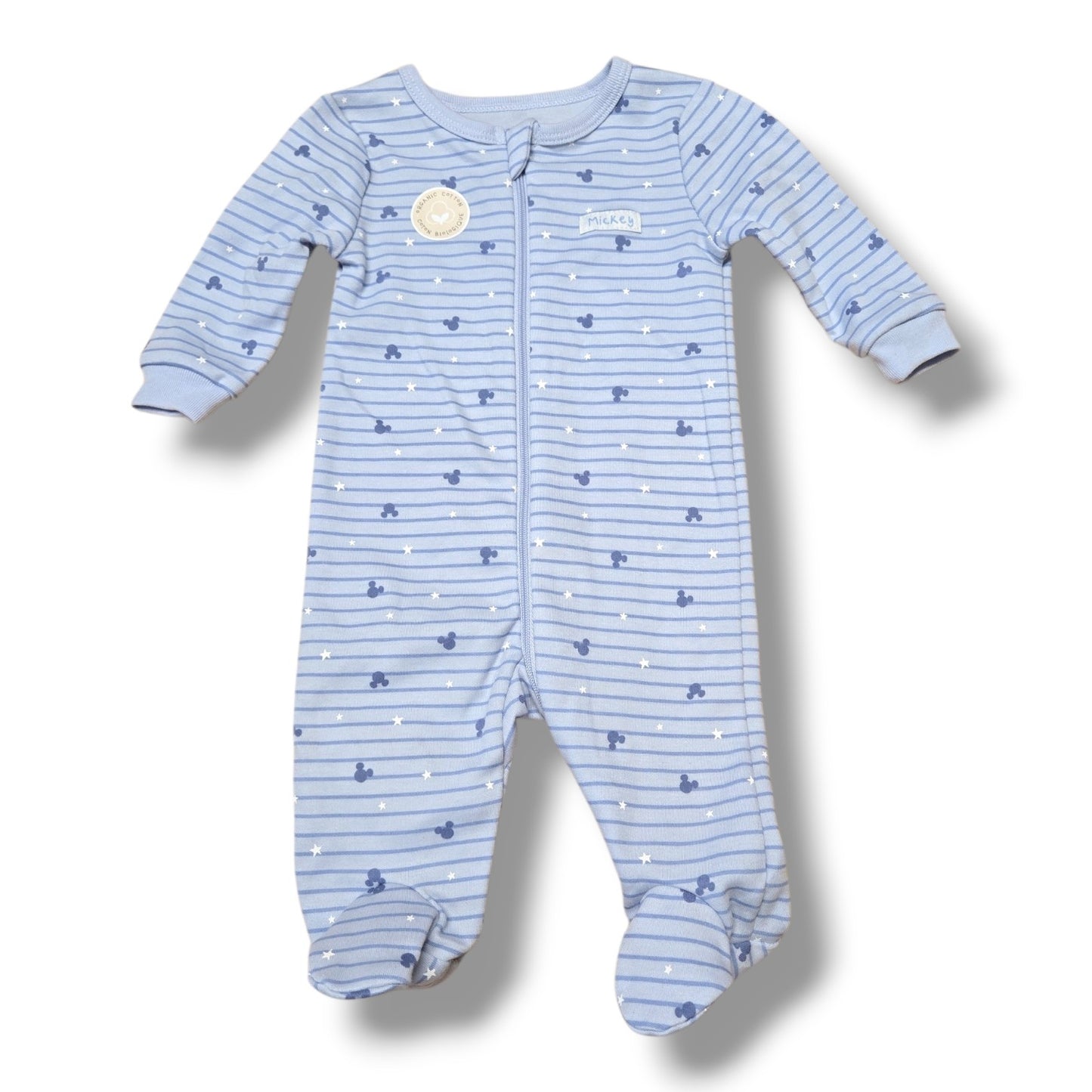Pre-loved Disney sleeper in blue with striped pattern and Mickey Mouse design for baby.