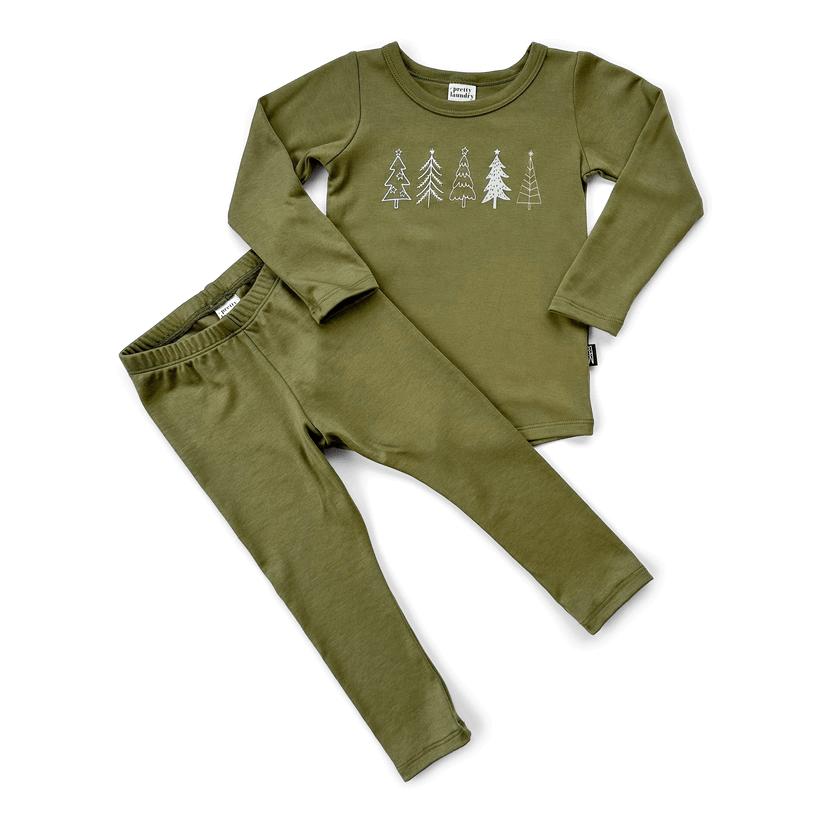 Little & Lively | LONG SLEEVE PAJAMA SET | OLIVE | CHRISTMAS TREES
