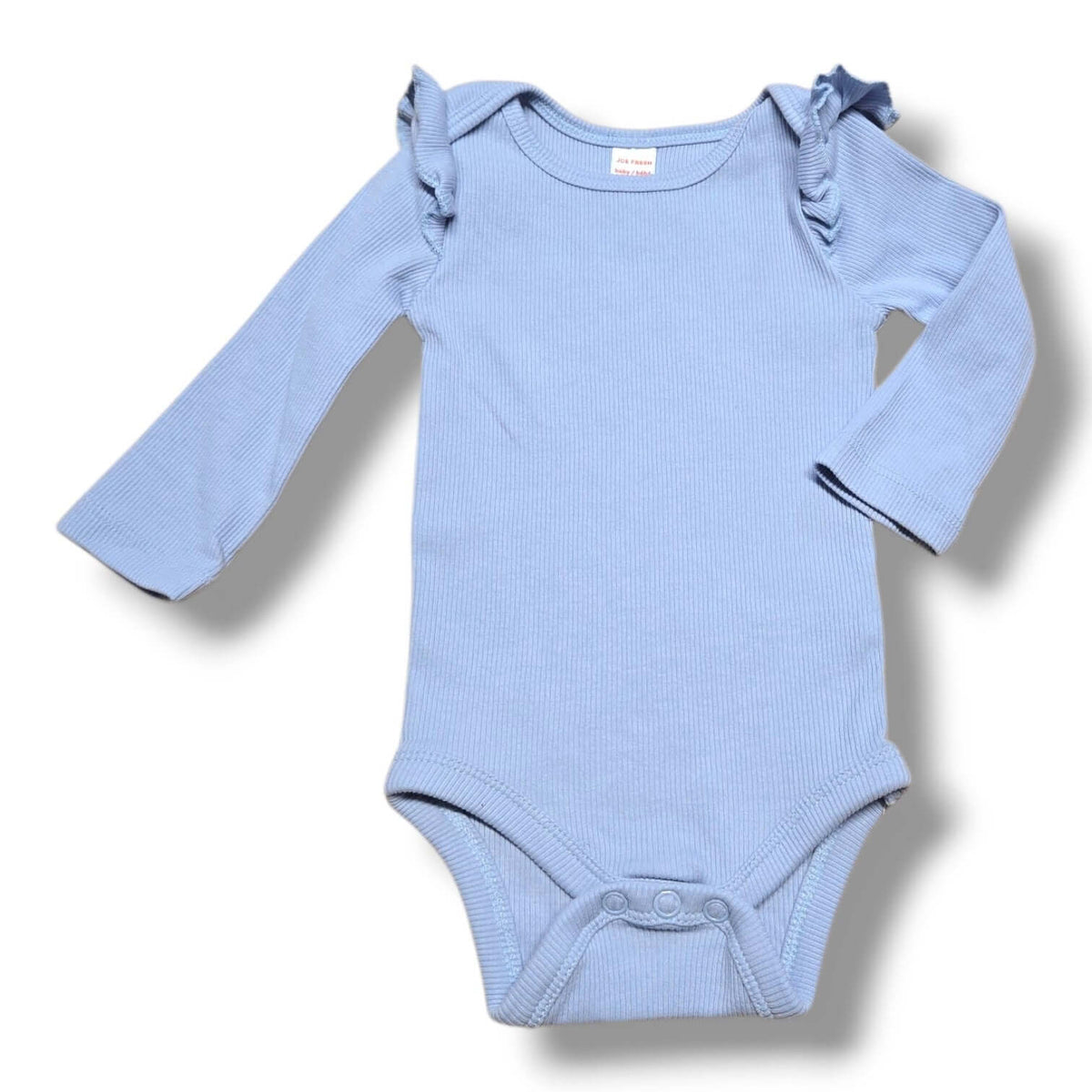 Pre-loved baby onesie in soft blue with ruffle details and snap closures for quick changes.